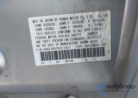 2006 Acura Tsx z USA, uszkodzony, nr VIN JH4CL96826C012422